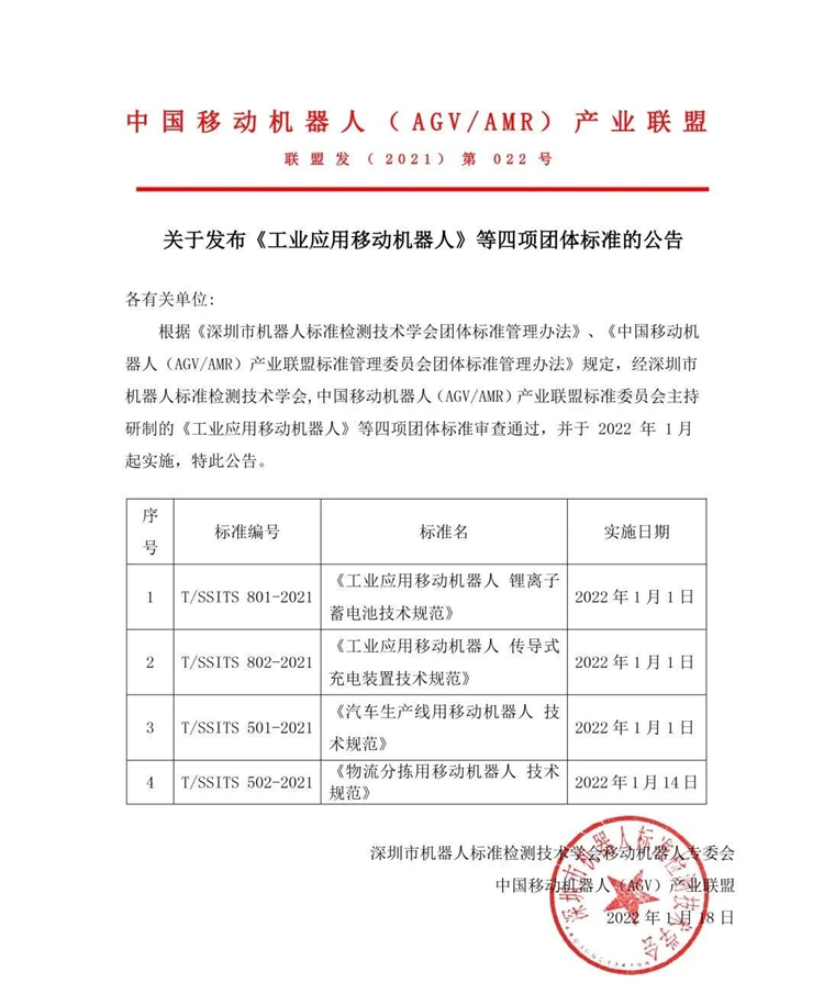 關于發布《工業應用移動機器人》四項團體標準的公告